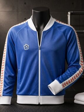 Men's Blue Track Windbreaker Jacket with White Trim